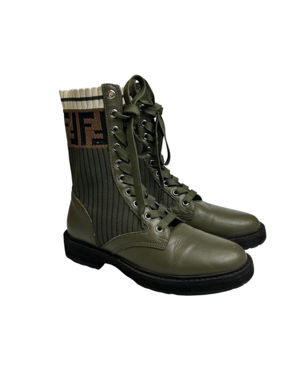 Fendi Rockoko Combat Green Leather Knit Boots Womens EU 37/US 7 Made In Italy - Picture 6 of 13